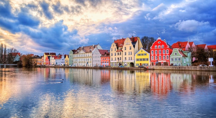 Colourful historical houses on Isar River in Landshut, Munich.