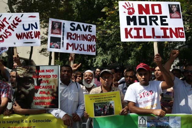 Muslim Americans stage a protest against violence towards Rohingya Muslims in Myanmar's Rakhine state next to the United Nations headquarters in Manhattan.