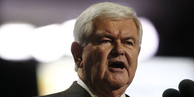 Newt Gingrich, former speaker of the U.S. House of Representatives, speak during the Republican National Convention (RNC) in Cleveland, Ohio, U.S., on Wednesday, July 20, 2016. Donald Trump, a real-estate developer, TV personality, and political novice, was formally nominated as the 2016 Republican presidential candidate Tuesday night in Cleveland after his campaign and party officials quashed the remnants of a movement to block his ascension. Photographer: Andrew Harrer/Bloomberg via Getty Images