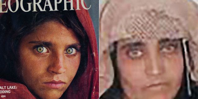 The iconic National Geographic cover on the left with a photo from a Pakistan court of Sharbat Gula in Peshawar, Pakistan. 