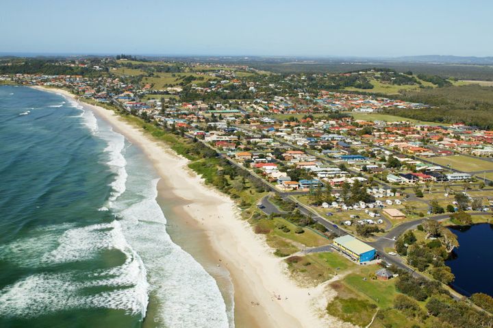 Aerial view of Lennox Head. Nice spot for a surf, and about to become one of the world's foremost winter sports training centres.