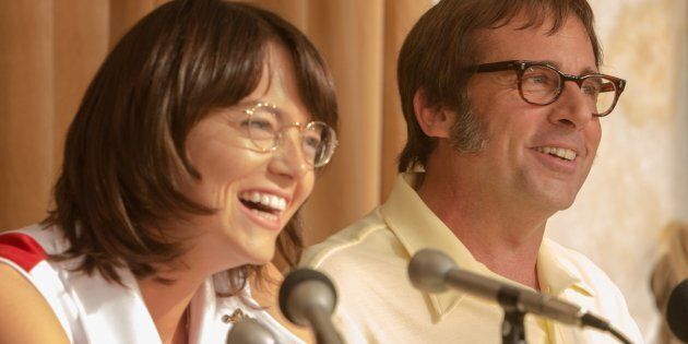 Emma Stone as Billie Jean King and Steve Carell as Bobby Riggs in 'Battle of the Sexes'.
