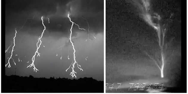 A composite image during two Florida thunderstorms showing (at left) downward lightning discharge as it spreads its âlimbsâ out en route to the ground; and (at right) a rare upward burst of lightning.