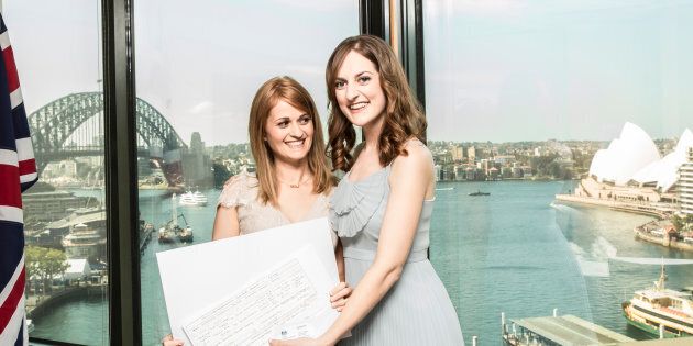 Shirleene and Sarah on their wedding day at the British Consulate in Sydney.