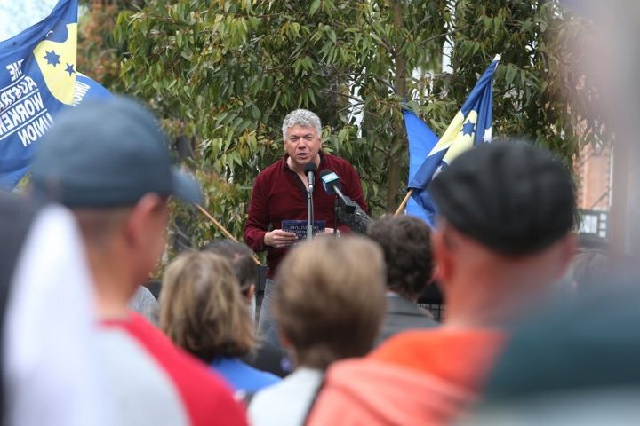 Arthur Rorris speaking during a Save Our Steel rally in Wollongong