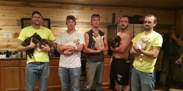 Logan Wolf, Alex Manchester, Brent Witters, Mitchell Craddock and Dave Perkins hold puppies found in the woods at Craddock's bachelor party.
