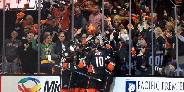 ANAHEIM, CA - MAY 10: The Ducks celebrate after Anaheim Ducks Left Wing Nick Ritchie (37) scored the go-ahead goal in the third period during game 7 of the second round of the 2017 NHL Stanley Cup Playoffs between the Edmonton Oilers and the Anaheim Ducks on May 10, 2017 at Honda Center in Anaheim, CA. The Ducks defeated the Oilers 2-1 to advance to the Western Conference Finals. (Photo by Chris Williams/Icon Sportswire via Getty Images)