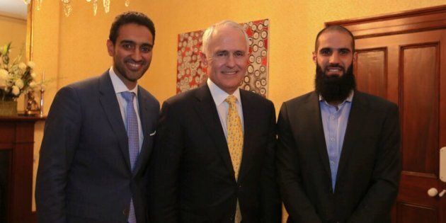 Prime Minister Malcolm Turnbull with Bachar Houli & Waleed Aly at a multi-faith dinner to mark 'Iftar' - the breaking of the fast - during Ramadan.