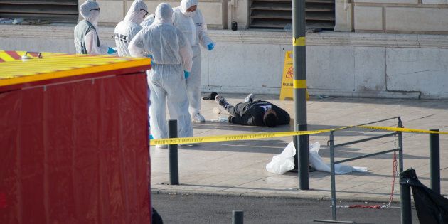 Crime scene of Marseille's attack in Front of the Gare Saint Charles Train station, after a man armed with a knife killed two people before being shot by soldiers patrolling the area. (Photo by Clement Mahoudeau/IP3/Getty Images)