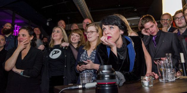 Birgitta Jonsdottir of the Pirate Party is seen alongisde party members after parliamentary elections in Iceland, October 29, 2016.