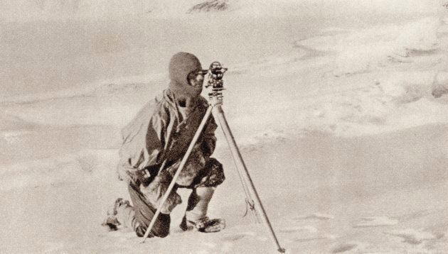 Evans -- pictured here observing with the Theodolite used by Captain Scott to fix the position of The South Pole -- may have sabotaged the expedition, a UNSW research says.