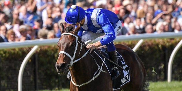 Winx ridden by Hugh Bowman wins the Seppelt Turnbull Stakes at Flemington Racecourse on October 07.