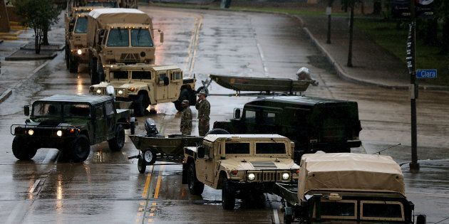 Members of the U.S. National Guard prepare for Hurricane Nate in New Orleans.