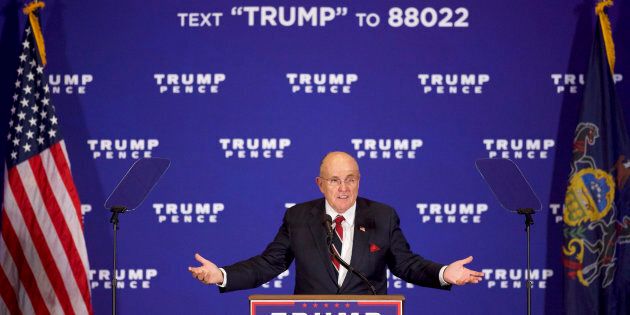 GETTYSBURG, PA - OCTOBER 22: Former Mayor of New York City Rudy Giuliani introduces Republican Presidential nominee Donald J. Trump during an event at the Eisenhower Hotel and Conference Center October 22, 2016 in Gettysburg, Pennsylvania. Trump delivered a policy speech announcing his plans for his first 100 days in office. (Photo by Mark Makela/Getty Images)