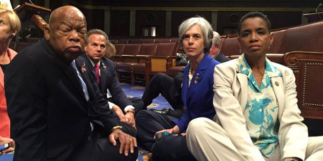 Democratic members of the house stage a sit-in on Wednesday June 22, 2016 to force a vote on gun control bills.
