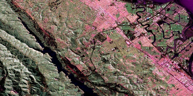 An Uninhabited Aerial Vehicle Synthetic Aperture Radar image of the San Andreas fault in the San Francisco Bay area just west of San Mateo and Foster City is shown in this image released by NASA June 17, 2009. The fault runs diagonally from upper left to lower right. The body of water along the fault line is Crystal Springs Reservoir. JPL scientists have added a new airborne radar tool to their arsenal, UAVSAR, this L-band wavelength radar flies aboard a modified NASA Gulfstream III aircraft from NASA's Dryden Flight Research Center, Edwards, Calif. The compact, reconfigurable radar, housed in a pod under the aircraft's fuselage, uses pulses of microwave energy to detect and measure very subtle deformations in Earth's surface, such as those caused by earthquakes, volcanoes, landslides and glacier movements. REUTERS/NASA/JPL/Handout (UNITED STATES SCI TECH) FOR EDITORIAL USE ONLY. NOT FOR SALE FOR MARKETING OR ADVERTISING CAMPAIGNS