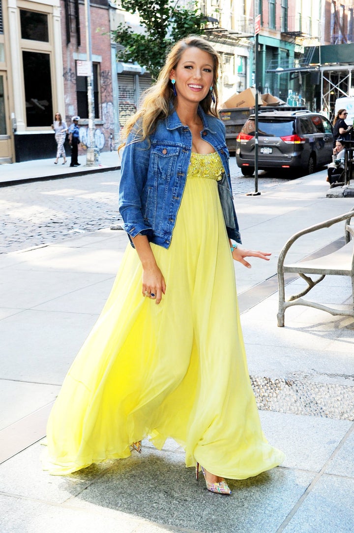 June 20 in Soho, Lively looks ethereal in a floaty yellow maxi paired with a denim jacket and Missoni pumps.