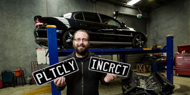 Ricky Muir with his Holden Calais 'PLTCLY INCRCT' at a workshop in Sale, Victoria. He built the vehicle for burnouts, and is participating in the Bairnsdale Burnout Competition.