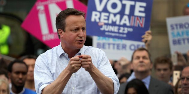 BIRMINGHAM, ENGLAND - JUNE 22: British Prime Minister David Cameron addresses students and pro-EU 'Vote Remain' supporters during his final campaign speech at Birmingham University on June 22, 2016 in Birmingham, United Kingdom. The final day of campaigning continues across the UK as the country prepares to go to the polls tomorrow to decide whether Britain should remain or leave the European Union (Photo by Christopher Furlong/Getty Images)