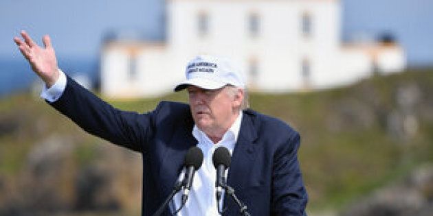 AYR, SCOTLAND - JUNE 24: Presumptive Republican nominee for US president Donald Trump gives a press conference on the 9th tee at his Trump Turnberry Resort on June 24, 2016 in Ayr, Scotland. Mr Trump arrived to officially open his golf resort which has undergone an eight month refurbishment as part of an investment thought to be worth in the region of two hundred million pounds. (Photo by Jeff J Mitchell/Getty Images)