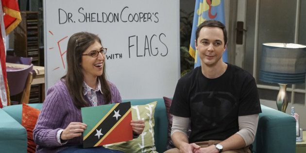 LOS ANGELES - OCTOBER 18: The Veracity Elasticity' -- Pictured: Amy Farrah Fowler (Mayim Bialik) and Sheldon Cooper (Jim Parsons). Sheldon and Amy present a new 'Fun With Flags' live from Penny's apartment, on THE BIG BANG THEORY, Thursday, Nov. 3 (8:00-8:31 PM, ET/PT), on the CBS Television Network. (Photo by Monty Brinton/CBS via Getty Images)