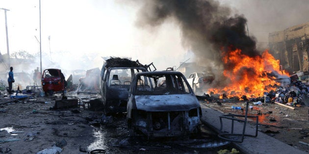 A general view shows the scene of an explosion in KM4 street in the Hodan district of Mogadishu, Somalia October 14, 2017.