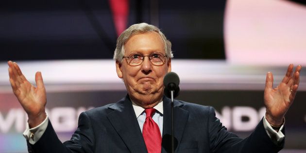 CLEVELAND, OH - JULY 19: Senate Majority Leader Mitch McConnell (R-KY) speaks after roll call on the second day of the Republican National Convention on July 19, 2016 at the Quicken Loans Arena in Cleveland, Ohio. Republican presidential candidate Donald Trump received the number of votes needed to secure the party's nomination. An estimated 50,000 people are expected in Cleveland, including hundreds of protesters and members of the media. The four-day Republican National Convention kicked off on July 18. (Photo by Joe Raedle/Getty Images)