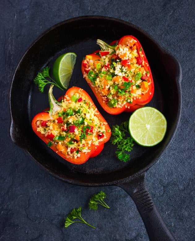 Stuff capsicum with couscous, herbs and vegetables.