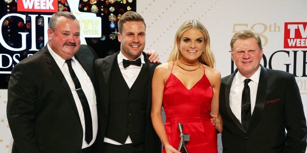 Darryl Brohman, Beau Ryan, Erin Molan and Paul Vautin pose with yet another Logie Award -- this one for Best Sports Program in 2016.