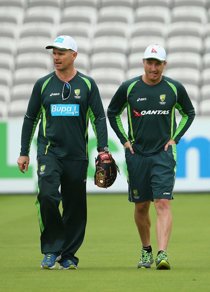 Michael Lloyd, left, with former Australian wicket keeper Brad Haddin, at Lord's in 2015.