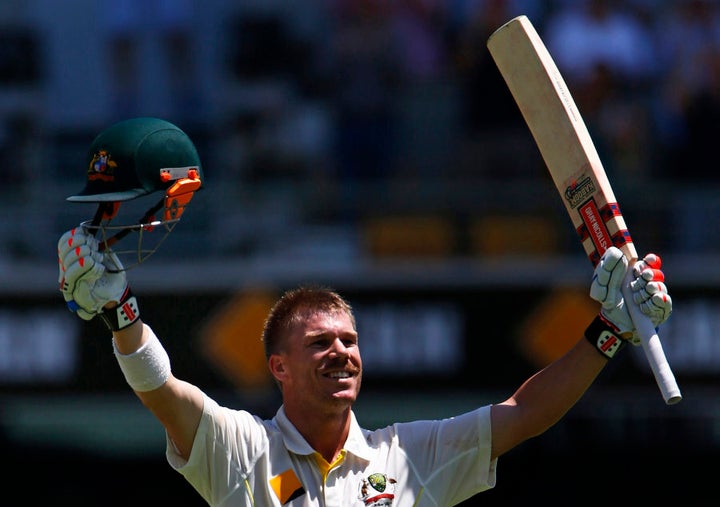 This one's for you, Michael Lloyd. Dave Warner celebrates a century against England in 2013.