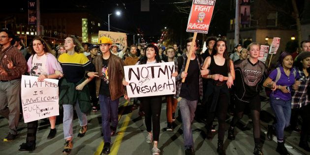 People march in protest to the election of Republican Donald Trump as President of the United States.