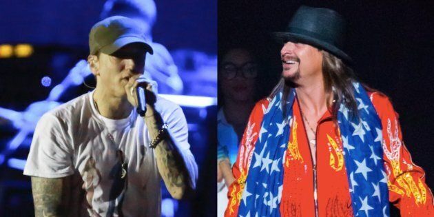Eminem, left, and Kid Rock, right, both proudly represent Detroit. Politically, they have very different ideas.