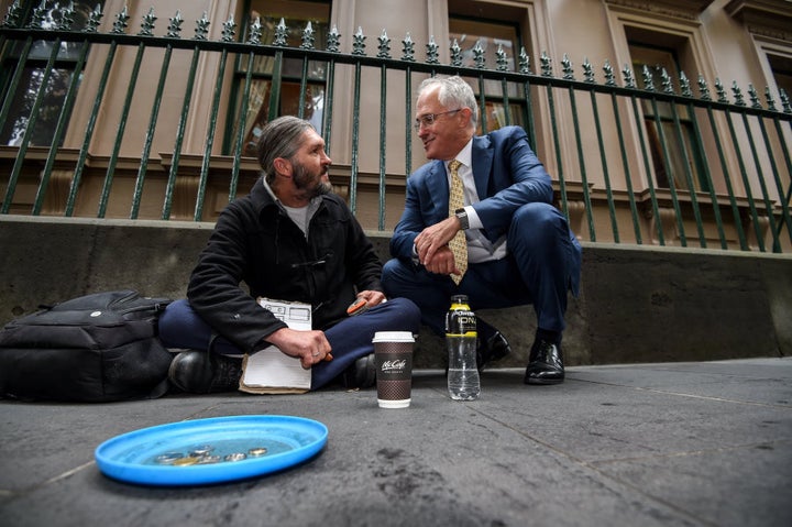 Prime Minister Malcolm Turnbull with homeless man Kent Kerswell at the January launch of an app for homeless people called Ask Izzy, arranged by the Salvation Army.