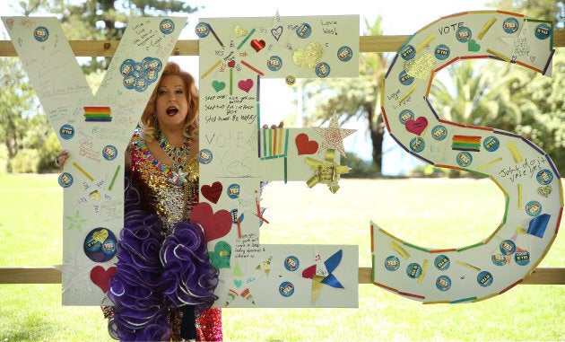 Drag Queen Glenda Jackson attends Yes Fest supporting marriage equality at King Edward Park in Newcastle.