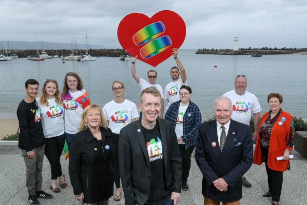 Executive Director of the Equality Campaign, Tiernan Brady, with Wollongong Lord Mayor Gordon Bradbery and Shellharbour mayor Marianne Saliba at Belmore Basin in early October, 2017.