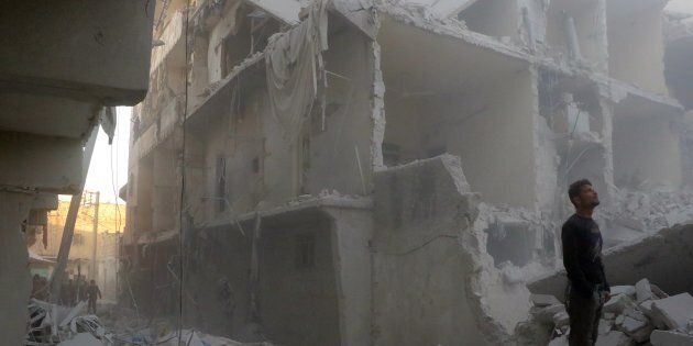 Debris of buildings are seen after the war crafts belonging to the Russian Army carried out airstrike on a residential area at Firdevs neighborhood in Aleppo, Syria on November 15, 2016.