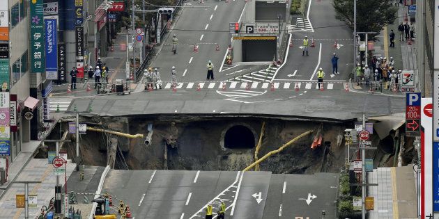 A huge sinkhole in Japan has been plugged in less than a week.