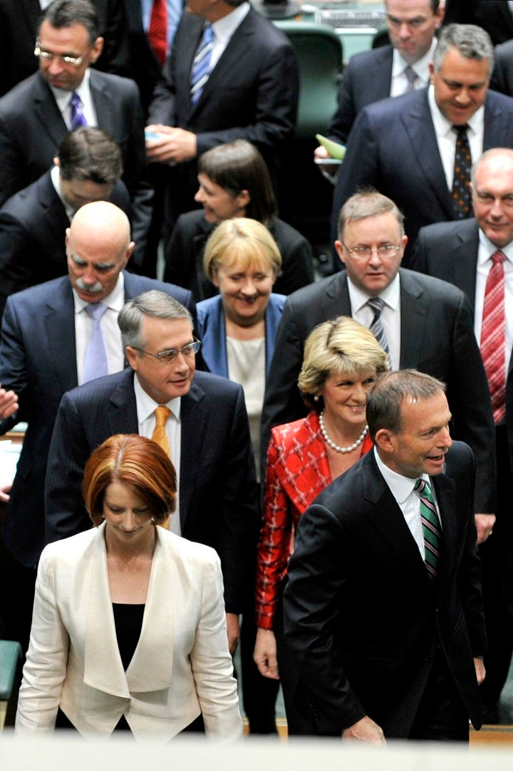 The opening of the 43rd parliament, in September 2010. In the foreground are then-Prime Minister Gillard and opposition leader Tony Abbott. The next three years would be among the most dramatic in Australia's political history.