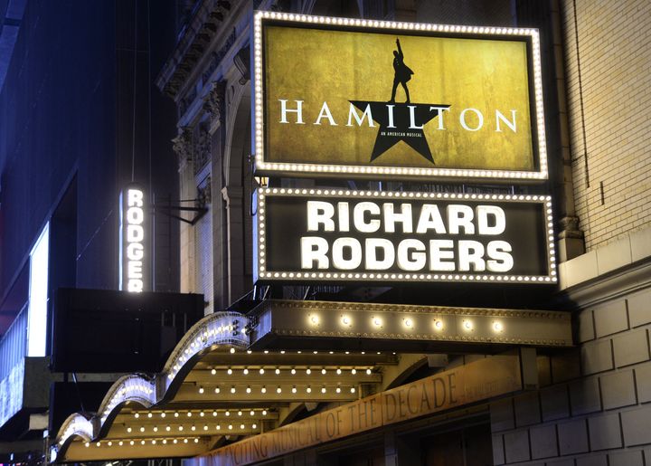 The "Hamilton" marquee at the Richard Rogers Theatre in New York