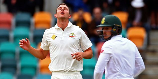 Josh Hazlewood after South Africa's Quinton de Kock hit a boundary during an embarrassing Aussie Test performance in Hobart.