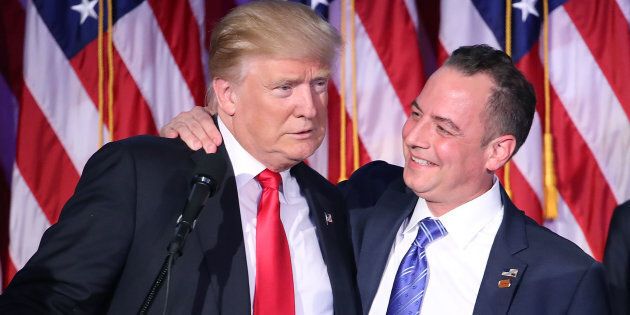 NEW YORK, NY - NOVEMBER 09: Republican president-elect Donald Trump and Reince Priebus, chairman of the Republican National Committee, embrace during his election night event at the New York Hilton Midtown in the early morning hours of November 9, 2016 in New York City. Donald Trump defeated Democratic presidential nominee Hillary Clinton to become the 45th president of the United States. (Photo by Mark Wilson/Getty Images)