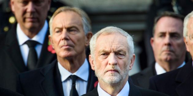 Labour leader Jeremy Corbyn and former Prime Minister Tony Blair during the annual Remembrance Sunday Service at the Cenotaph memorial in Whitehall, central London, held in tribute for members of the armed forces who have died in major conflicts. Picture date: Sunday November 13th, 2016. Photo credit should read: Matt Crossick/ EMPICS Entertainment.