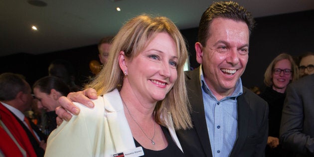 Nick Xenophon congratulates Rebekha Sharkie on her win in Mayo.