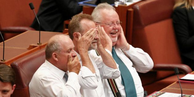 Senators John Williams, Nigel Scullion and Barry O'Sullivan do 'speak no evil, see no evil, hear no evil' poses during debate in the Senate