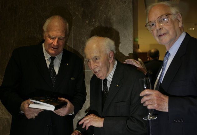 Sir Peter Hollingsworth [left], Sir Zelman Cowan and Sir Ninian Stephen at the launch of Sir Zelman's memoirs at the Melbourne University Law School in 2006.