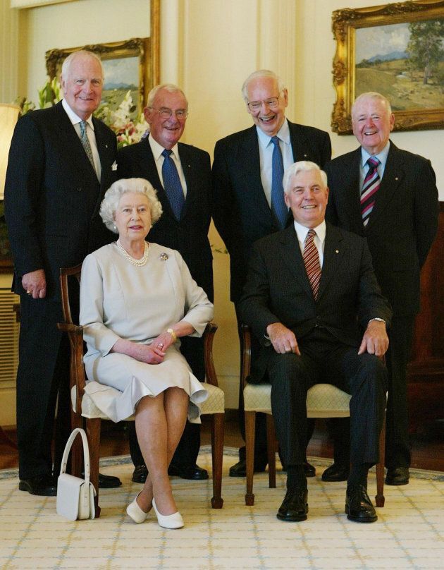 Queen Elizabeth II and Governor General Michael Jeffery (seated) with former Governor Generals (L-R) Peter Hollingworth, Bill Hayden, Sir Ninian Stephen and Sir William Deane in 2006.