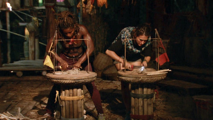 Cydney and Aubry compete in a fire-making challenge for the final episode of Survivor: Kaoh Rong.