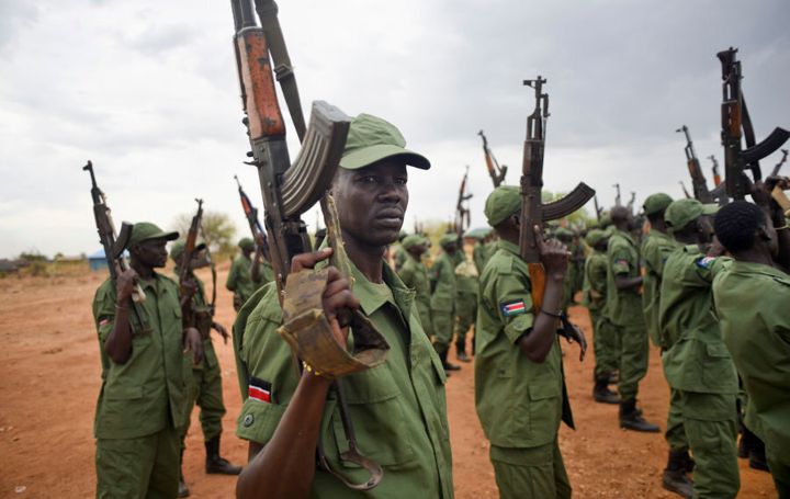 South Sudanese rebel soldiers loyal to First Vice President Riek Machar at a camp in June.