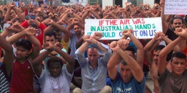 Australian Greens Senator for Tasmania Nick McKim with the Manus Island refugees on Tuesday.